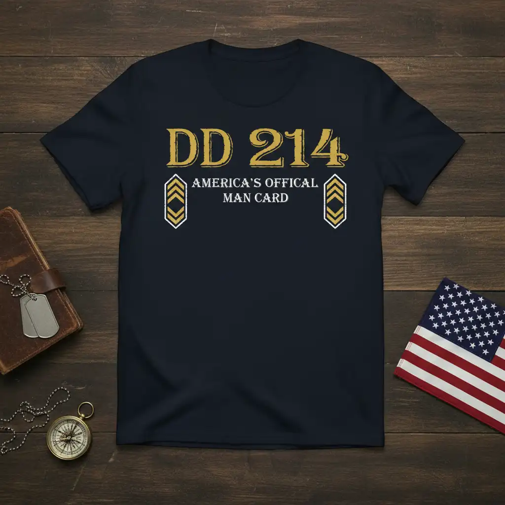 DD 214 America's Offical Man Card design featuring bold gold text and military chevron graphics on a navy tee