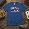DD-214 America's True Form of Freedom text design with stars and patriotic stripes on a blue t-shirt
