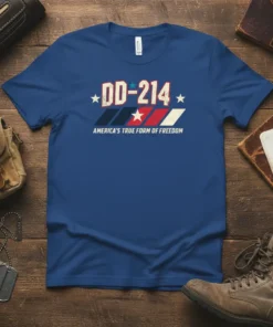 DD-214 America's True Form of Freedom text design with stars and patriotic stripes on a blue t-shirt