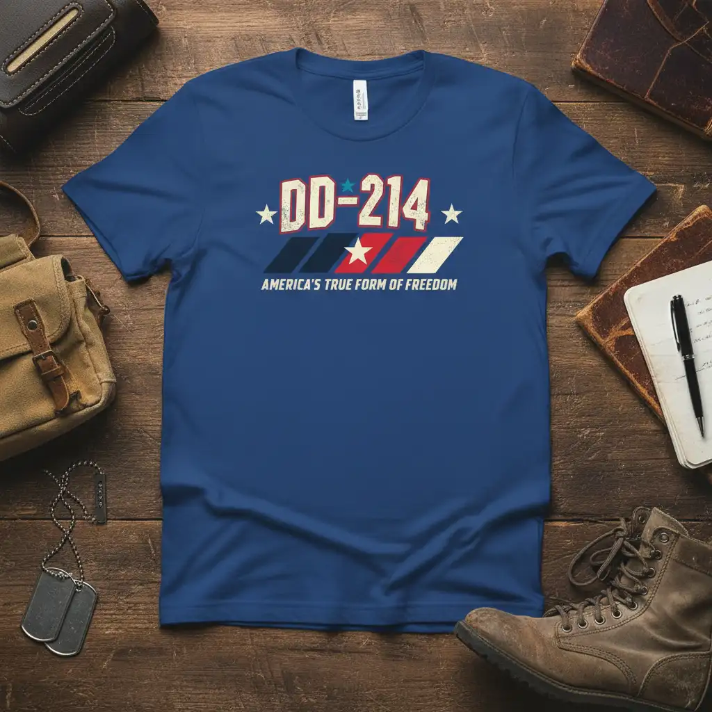 DD-214 America's True Form of Freedom creative illustration printed on comfortable cotton fabric creating a standout t-shirt