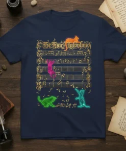 De Thori Antonimo text on vintage sheet music with colorful neon cats playing on navy blue t-shirt