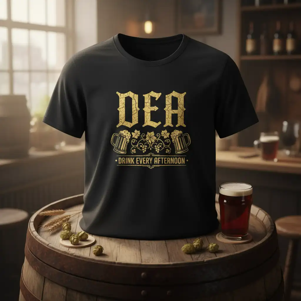 DEA Drink Every Afternoon quote on a black t-shirt with vintage beer mug graphics