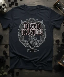 Dead Inside gothic quote t-shirt with a detailed anatomical heart and rose wreath design