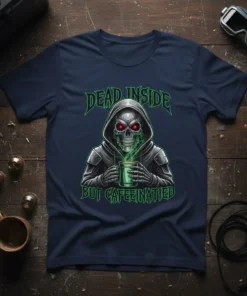 Dead Inside But Caffeinated text with a skull wearing a hoodie and holding a coffee mug, dark humor graphic tee