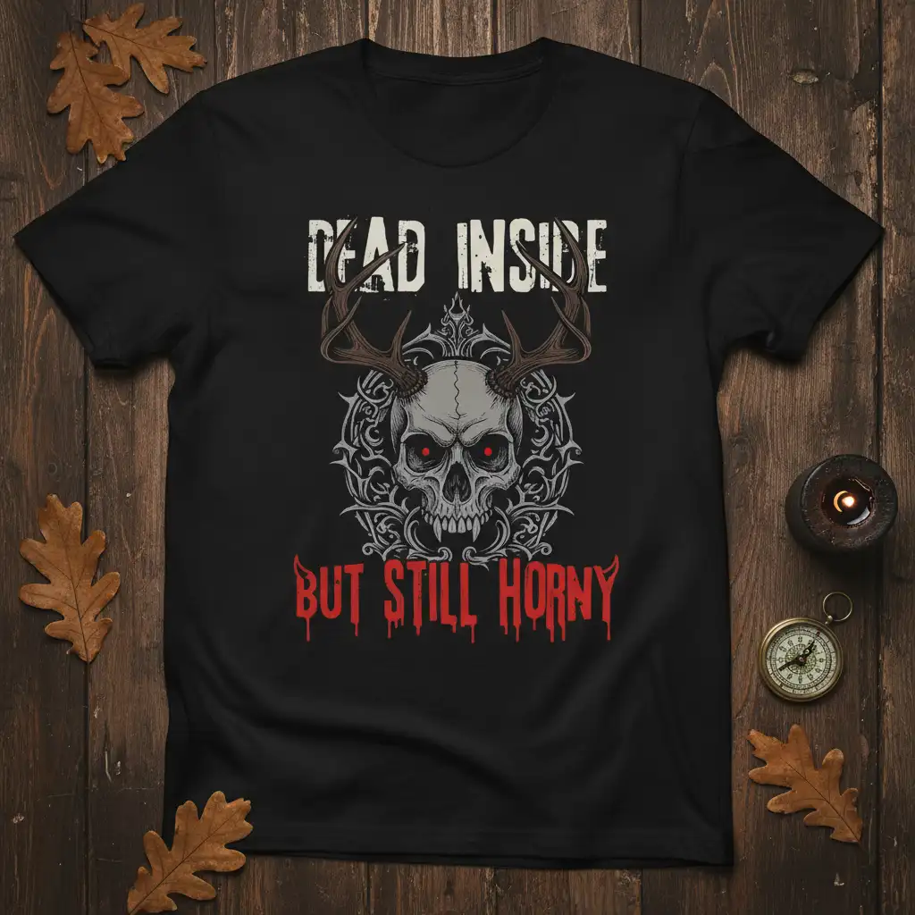 Dead Inside But Still Horny quote with skull and antlers on a black t-shirt design