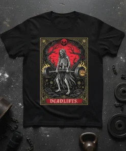 Deadlifts. text with Grim Reaper lifting barbell design on black t-shirt, gothic workout apparel