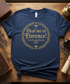 Deal me in Florence! First Nursing Student 1860 quote on a navy t-shirt with gold laurel wreath graphic