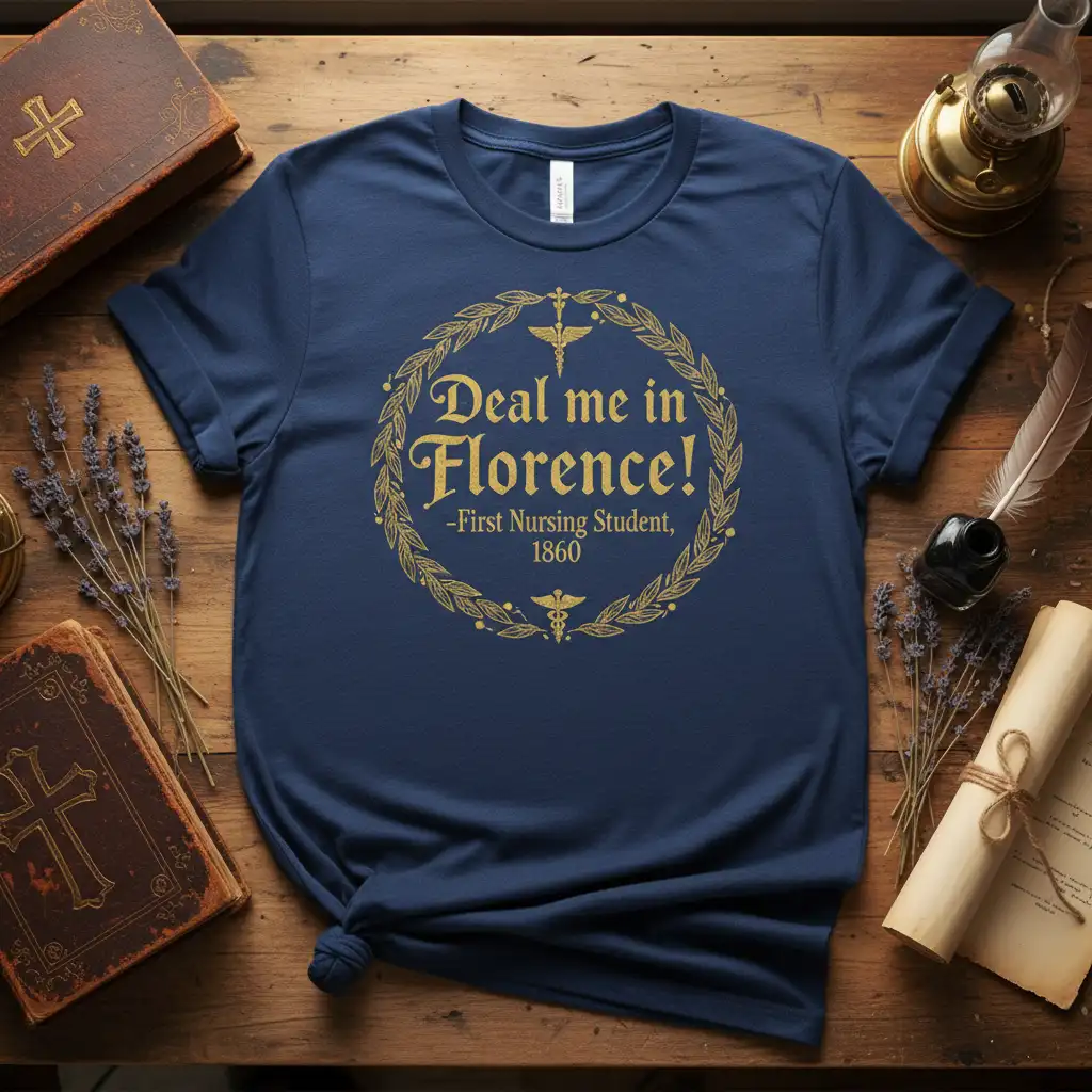 Deal me in Florence! First Nursing Student 1860 quote on a navy tee with gold laurel wreath and medical caduceus symbols