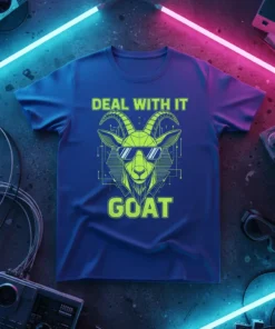 Deal With It Goat T-Shirt featuring a neon-style graphic of a goat wearing sunglasses and the text "Deal With It