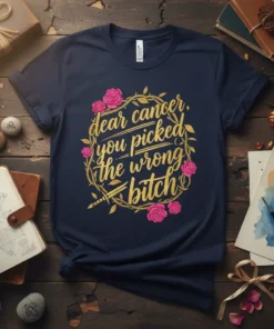 Navy t-shirt with gold glitter text "dear cancer, you picked the wrong bitch" surrounded by a floral and sword design