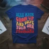 Retro wavy text design that reads "Dear Math Grow Up And Solve Your Own Problems" on a blue t-shirt