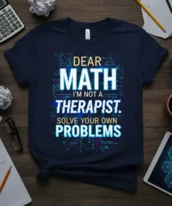 T-shirt with "Dear Math I'm Not A Therapist. Solve Your Own Problems." quote in bold, geometric font, surrounded by math