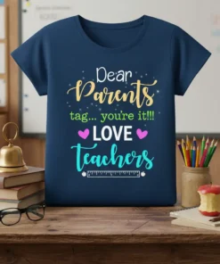 Teacher appreciation t-shirt with "Dear Parents tag... you're it!!! LOVE Teachers" quote in colorful typography and hearts