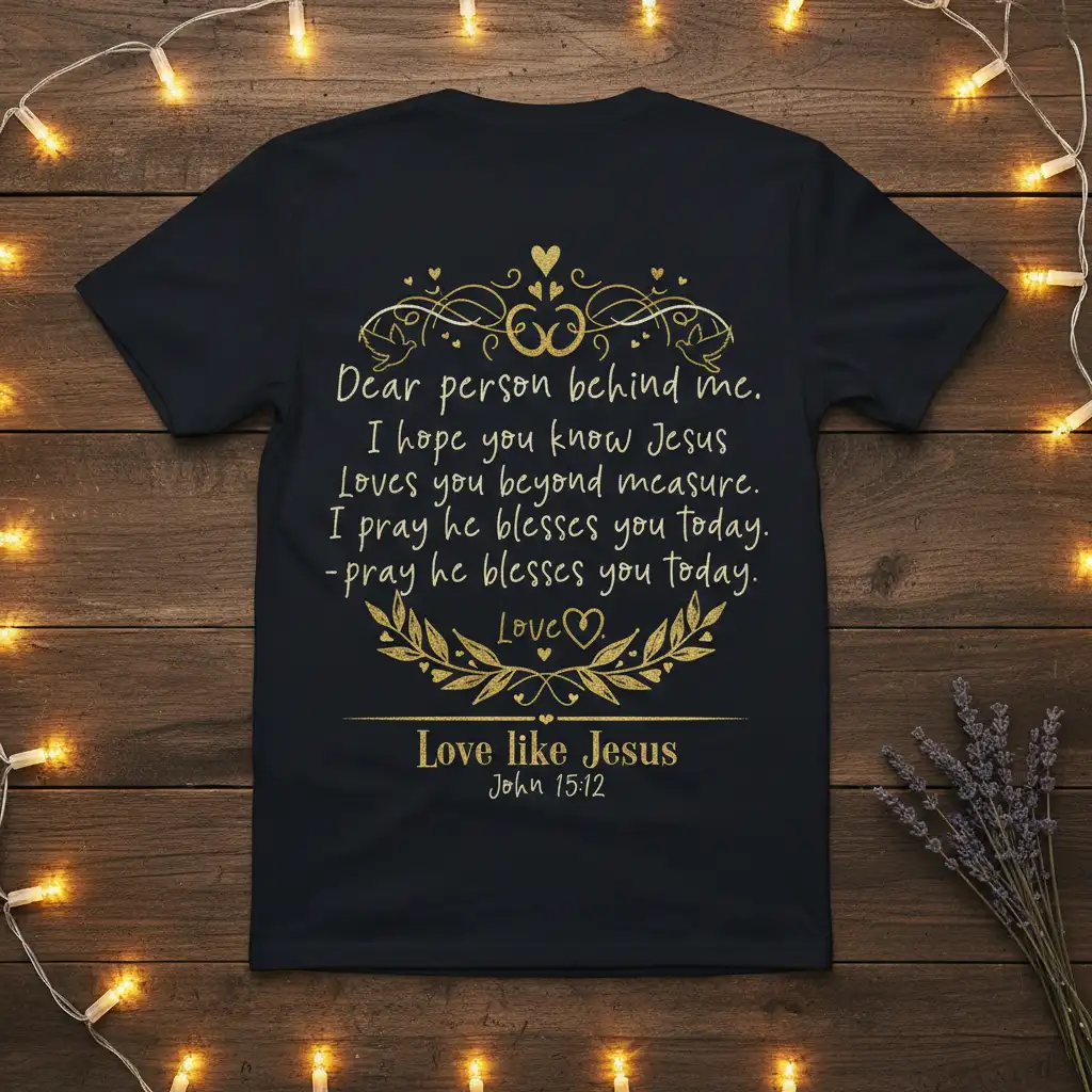 Dear person behind me. I hope you know Jesus Loves you beyond measure. Love like Jesus John 15:12 quote on dark t-shirt