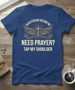 Christian t-shirt with "Dear Person Behind Me Need Prayer? Tap My Shoulder" text and a cross with wings graphic