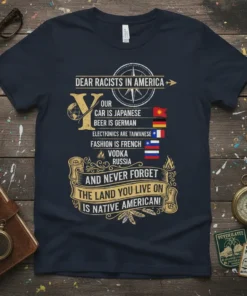 T-shirt design with text "Dear Racists In America" listing various country origins for consumer goods and ending with "The Land