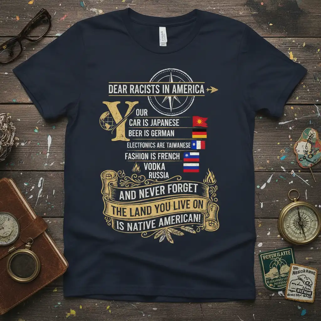 Dear Racists In America tee design with multicultural origins and Native American heritage message