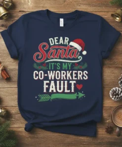 Dear Santa It's My Co-Workers Fault funny Christmas quote t-shirt with Santa hat graphic