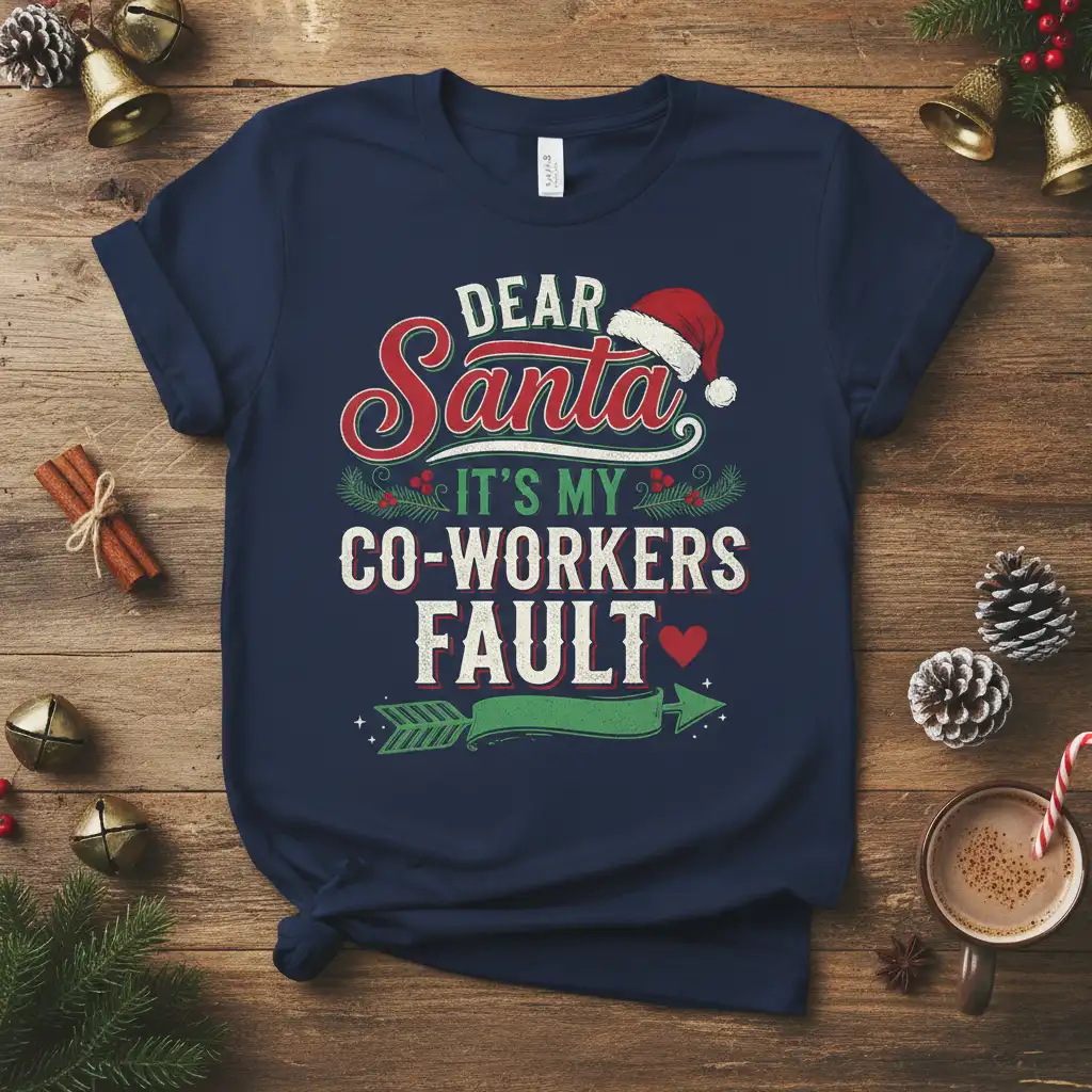 Dear Santa It's My Co-Workers Fault funny holiday quote tee with festive graphics