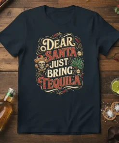Dear Santa Just Bring Tequila Christmas T-Shirt with festive skull graphic and agave plant