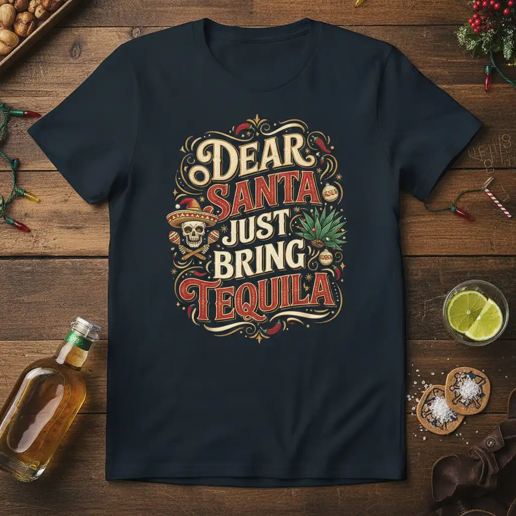 Dear Santa Just Bring Tequila festive quote t-shirt with skull and agave