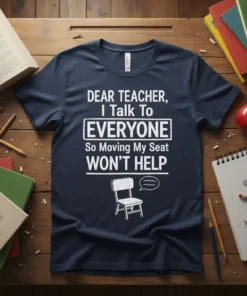 T-shirt with "DEAR TEACHER, I Talk To EVERYONE So Moving My Seat WON'T HELP" text and a graphic of a
