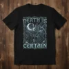 Death Is Certain gothic bunny grim reaper t-shirt design with moon and scythe