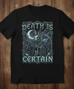 Death Is Certain gothic bunny grim reaper t-shirt design with moon and scythe