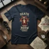 Death Meow Cult T-Shirt with a three-headed cat graphic and distressed font