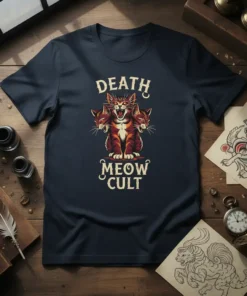 Death Meow Cult T-Shirt with a three-headed cat graphic and distressed font