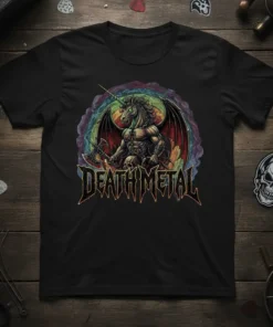 Black t-shirt with a Death Metal Unicorn graphic, featuring a muscular winged unicorn holding an axe, set against a rainbow-like