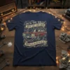 Navy t-shirt with "DECK THE HALLS WITH SALT AND IRON IMPALALALALALALALA" text and a red vintage Impala car graphic, surrounded