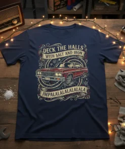 Navy t-shirt with "DECK THE HALLS WITH SALT AND IRON IMPALALALALALALALA" text and a red vintage Impala car graphic, surrounded