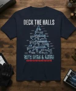 Navy t-shirt featuring a gun Christmas tree design with text "Deck The Halls With Guns & Ammo" and "Pew Pew