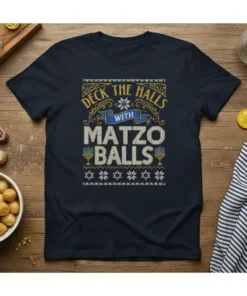 Deck The Halls With Matzo Balls Hanukkah T-Shirt featuring festive text and menorah graphics