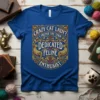 Crazy Cat Lady? I Prefer The Term Dedicated Feline Enthusiast text design on a blue t-shirt with ornate borders and