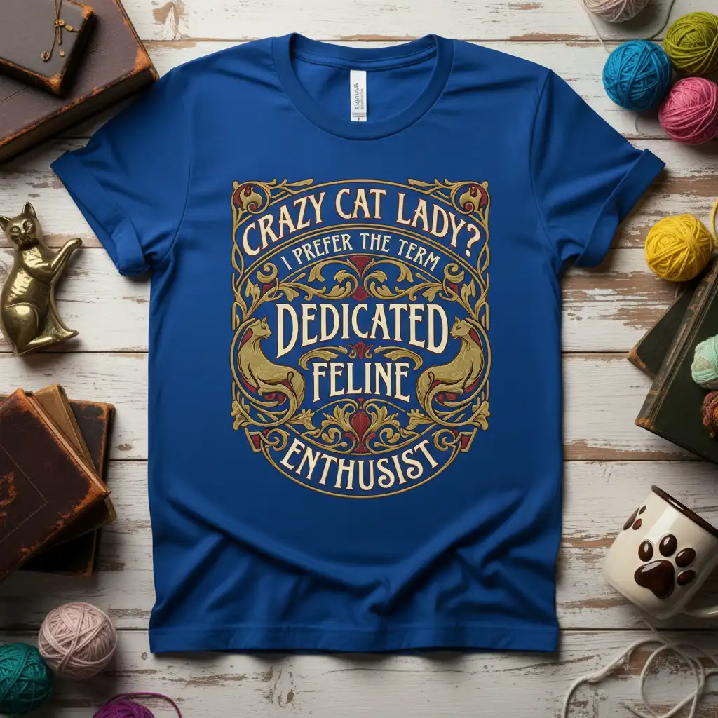 Crazy Cat Lady? I Prefer The Term Dedicated Feline Enthusiast quote on a blue t-shirt with decorative borders and feline illustrations