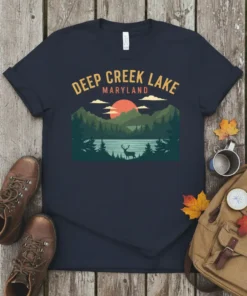 Deep Creek Lake Maryland t-shirt with mountain and lake scenic graphic and deer silhouette