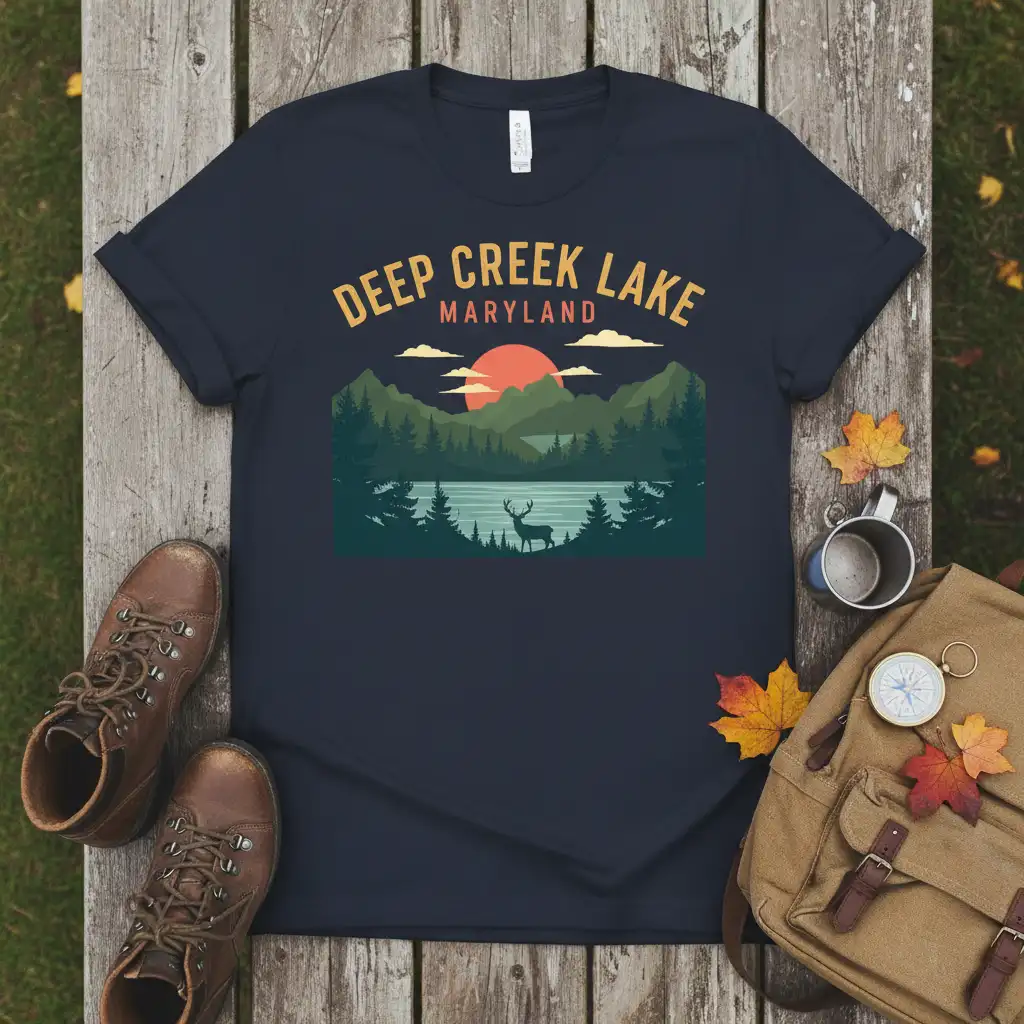 Deep Creek Lake Maryland scenic graphic t-shirt with mountains, lake, and deer