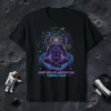 Astronaut meditating in space with "Deep Space Meditation Cosmic Calm" text, neon glow, cosmic background