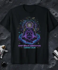 Astronaut meditating in space with "Deep Space Meditation Cosmic Calm" text, neon glow, cosmic background
