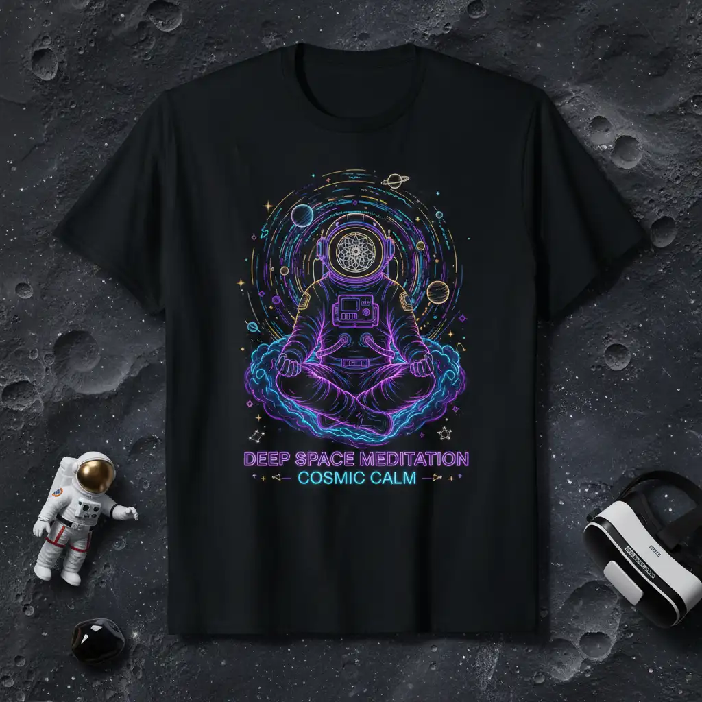 Deep Space Meditation Cosmic Calm bold typography printed on breathable fabric creating a standout t-shirt