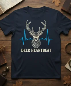 Deer Heartbeat T-Shirt design featuring a deer's head with a blue heartbeat line across its chest