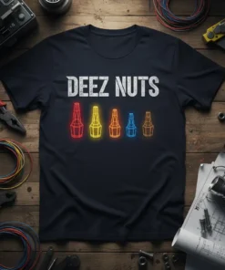 Black t-shirt with "DEEZ NUTS" text in white and colorful neon-style tool graphics below