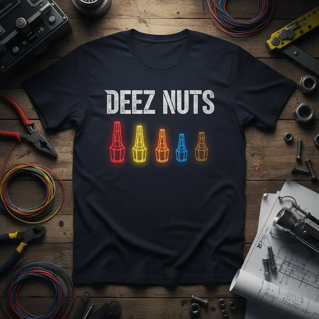Deez Nuts humorous quote with colorful neon tool graphics on a black t-shirt