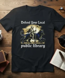 Defend Your Local Public Library t-shirt design with a knight riding a black cat, featuring gothic font and a golden