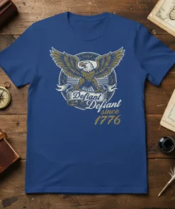 Defiant Defiant Since 1776 t-shirt with eagle graphic and vintage typography, patriotic design