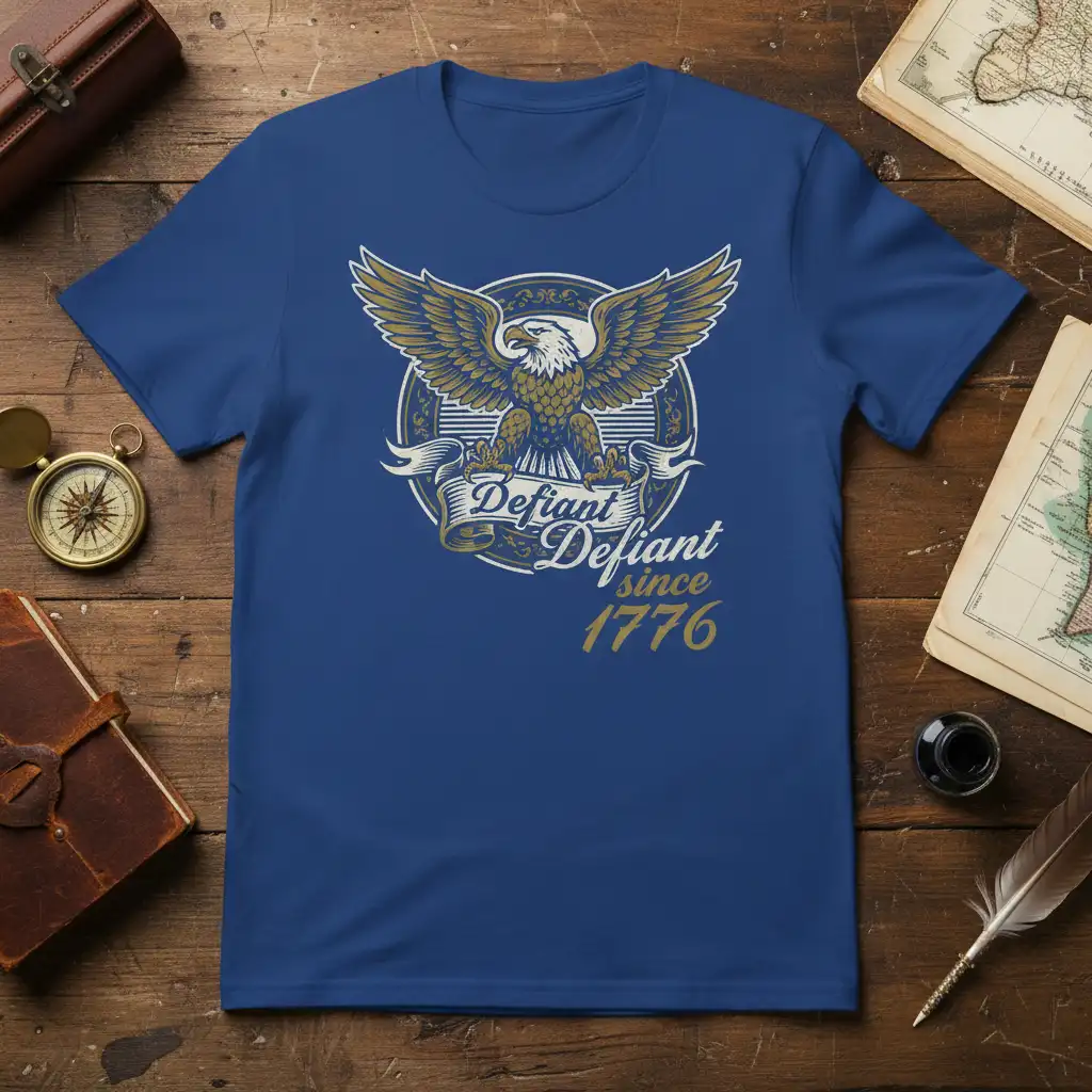 Defiant Defiant Since 1776 t-shirt featuring a majestic eagle emblem and patriotic typography for history lovers