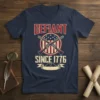 Defiant Since 1776 t-shirt with crossed muskets and American flag elements, representing patriotism and historical pride