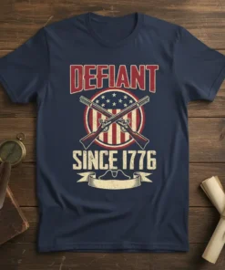 Defiant Since 1776 t-shirt with crossed muskets and American flag elements, representing patriotism and historical pride